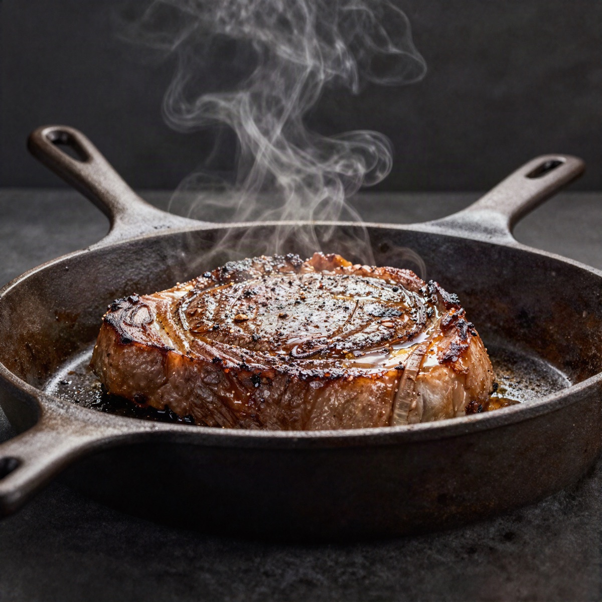 A cast iron skillet searing food with steam rising, warm copper and charcoal tones